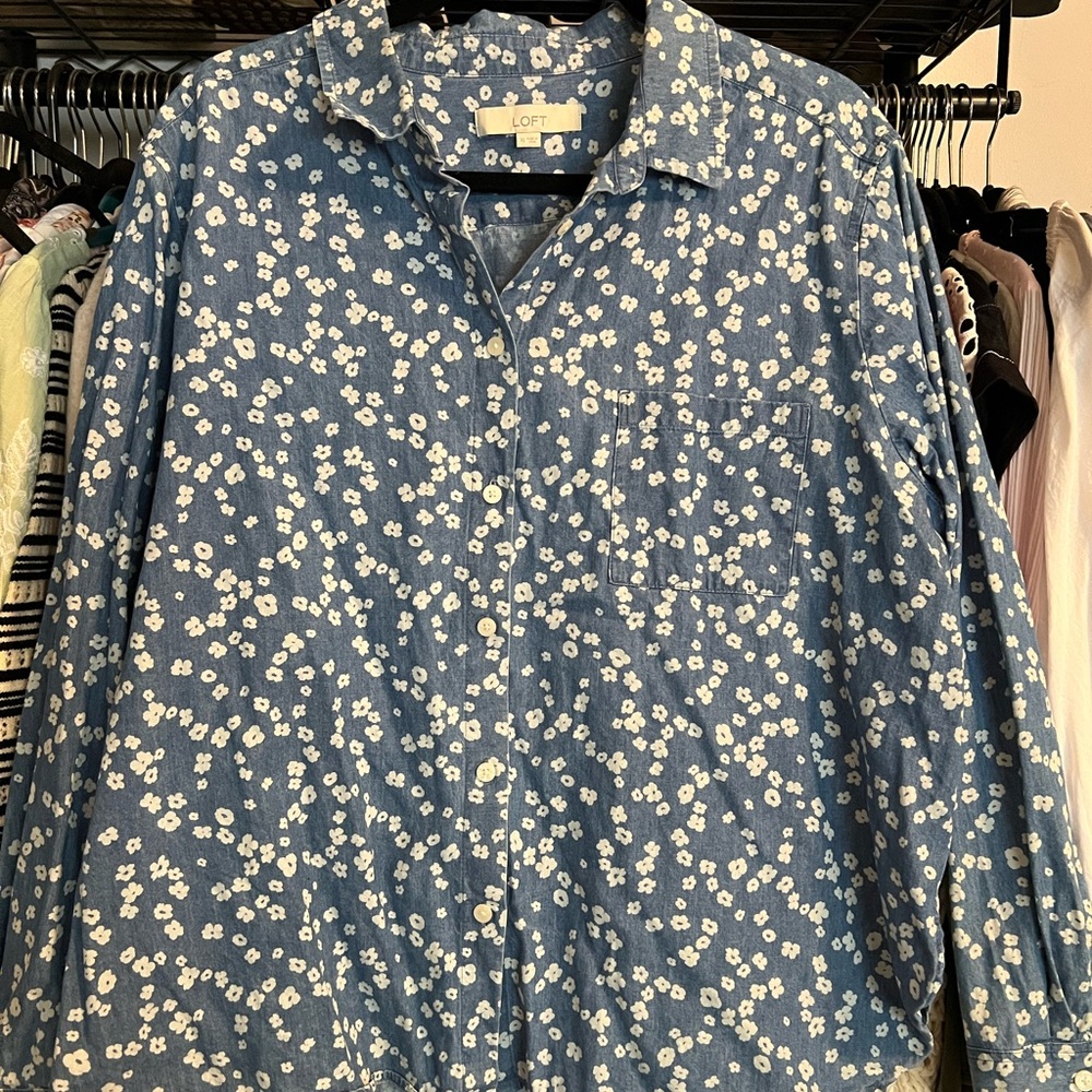 LOFT Denim Blue Shirt with White Floral Design